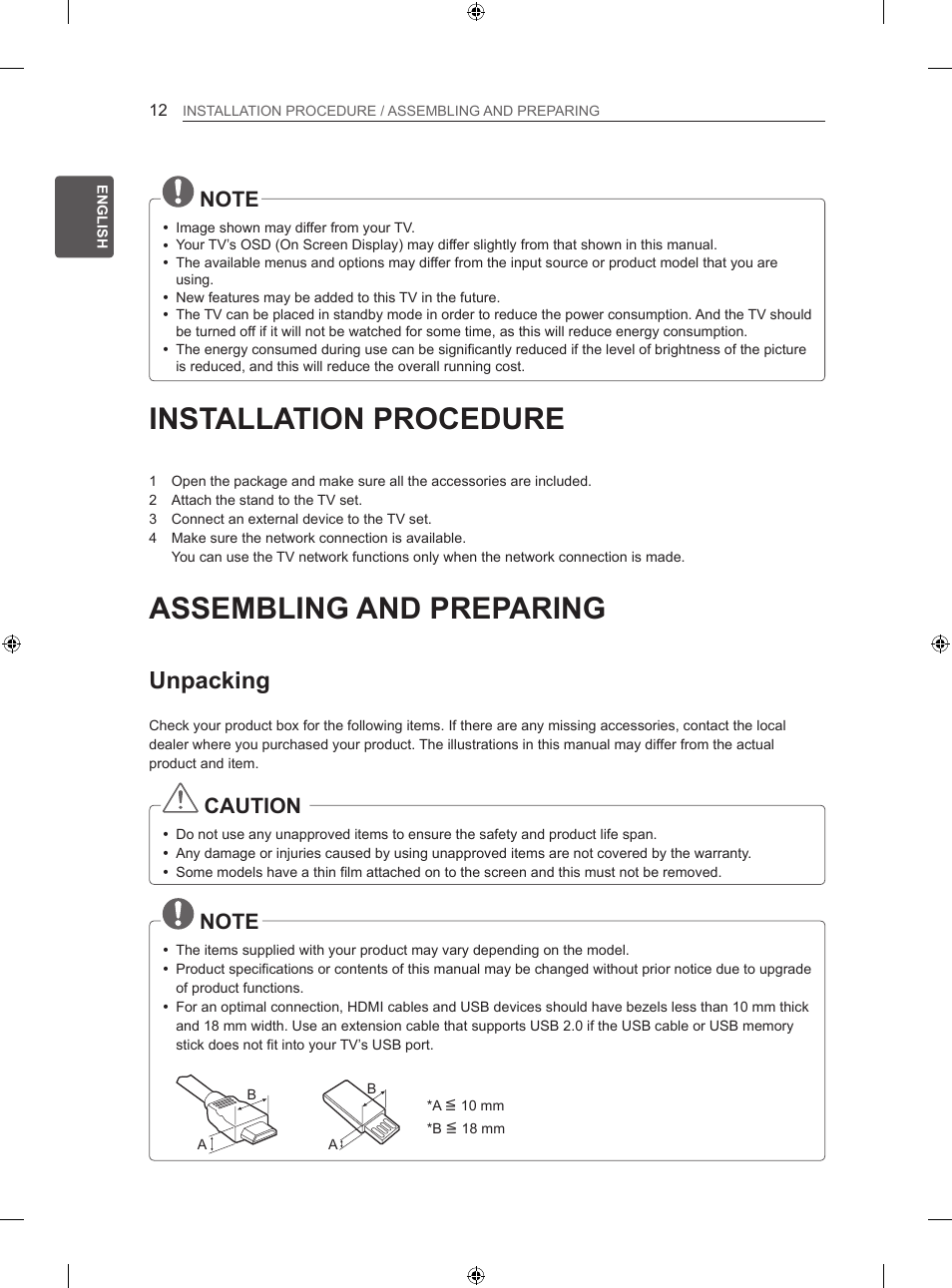 Installation procedure, Assembling and preparing, Unpacking | Caution | LG 39LN575S User Manual | Page 21 / 555