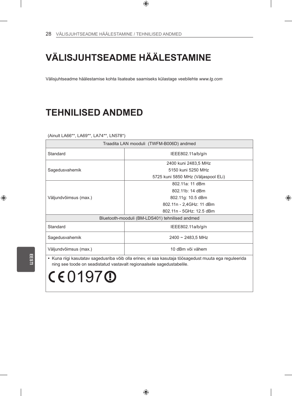 Tehnilised andmed, Välisjuhtseadme häälestamine | LG 39LN575S User Manual | Page 247 / 555