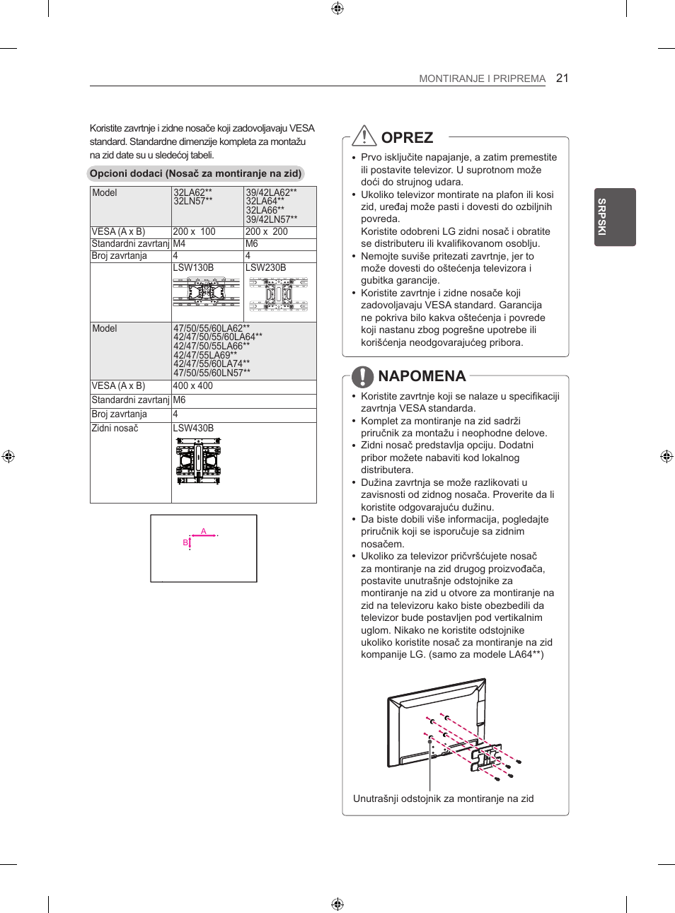 Oprez, Napomena | LG 39LN575S User Manual | Page 330 / 555