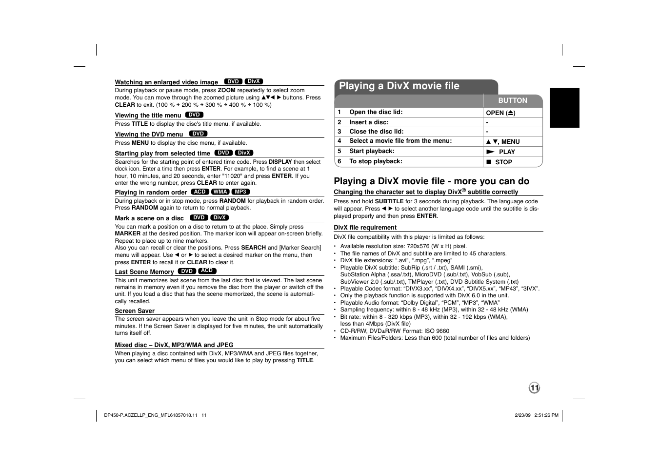 Playing a divx movie file, Playing a divx movie file - more you can do | LG DP450P User Manual | Page 11 / 70