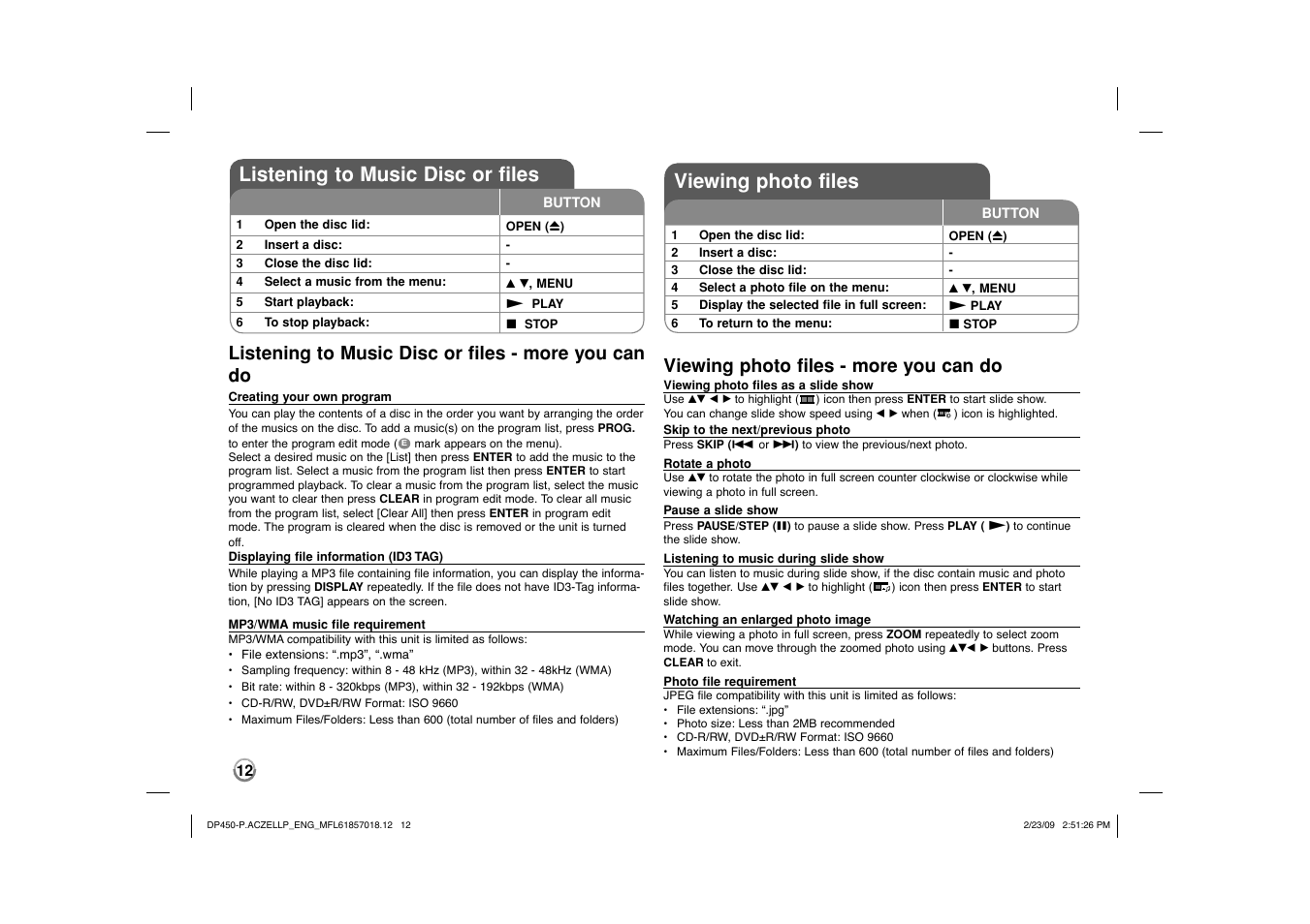 Listening to music disc or files, Viewing photo files, Listening to music disc or files - more you can do | Viewing photo files - more you can do | LG DP450P User Manual | Page 12 / 70