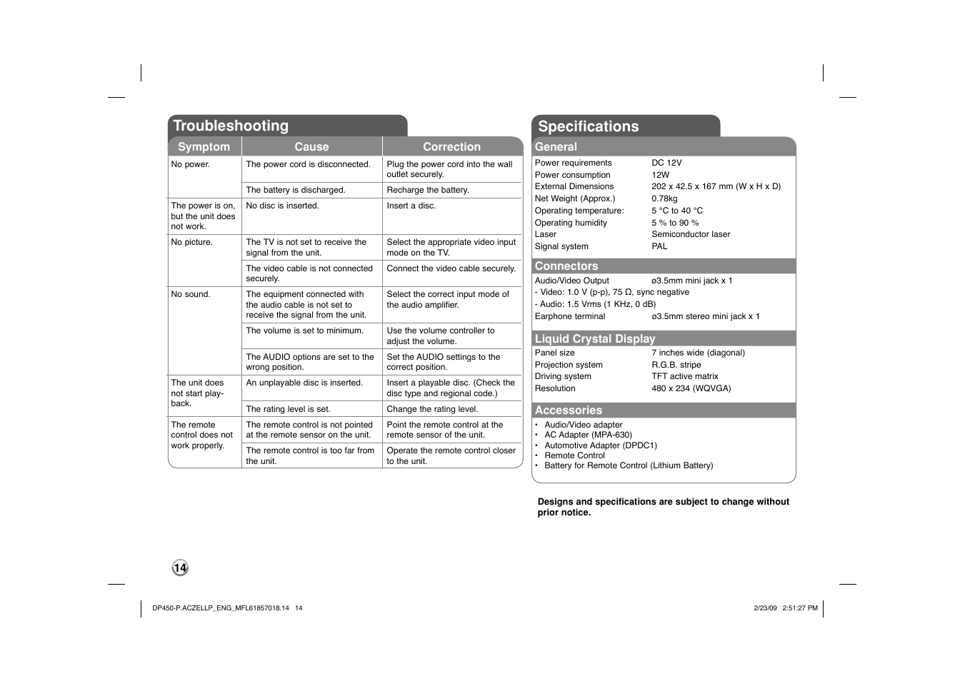 Troubleshooting, Specifications | LG DP450P User Manual | Page 14 / 70