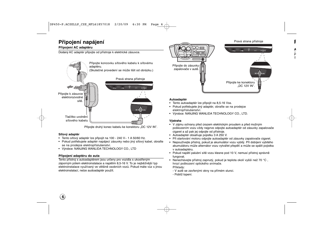 Připojení napájení | LG DP450P User Manual | Page 20 / 70
