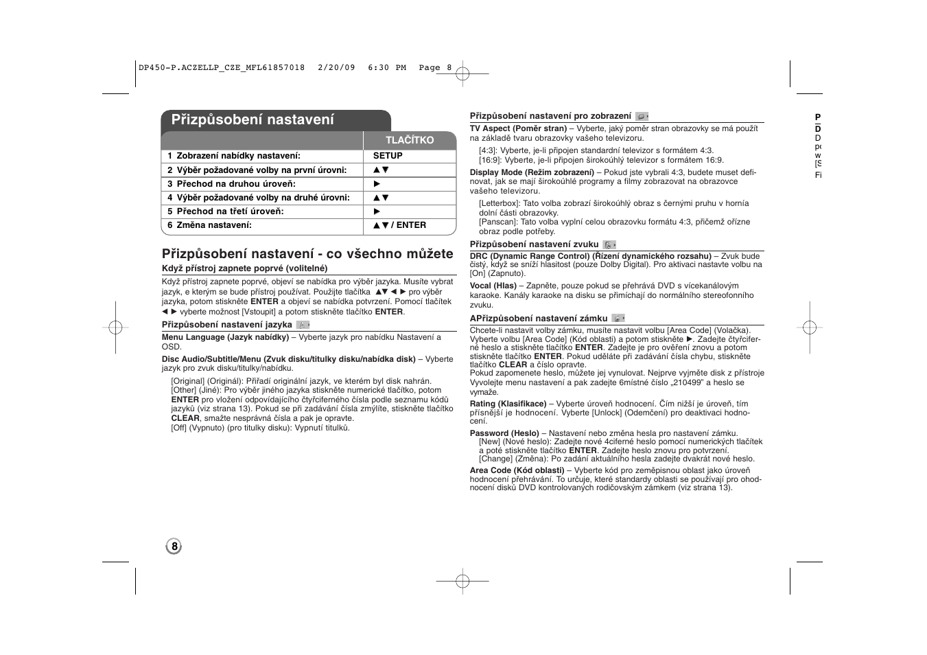 Přizpůsobení nastavení, Přizpůsobení nastavení - co všechno můžete | LG DP450P User Manual | Page 22 / 70