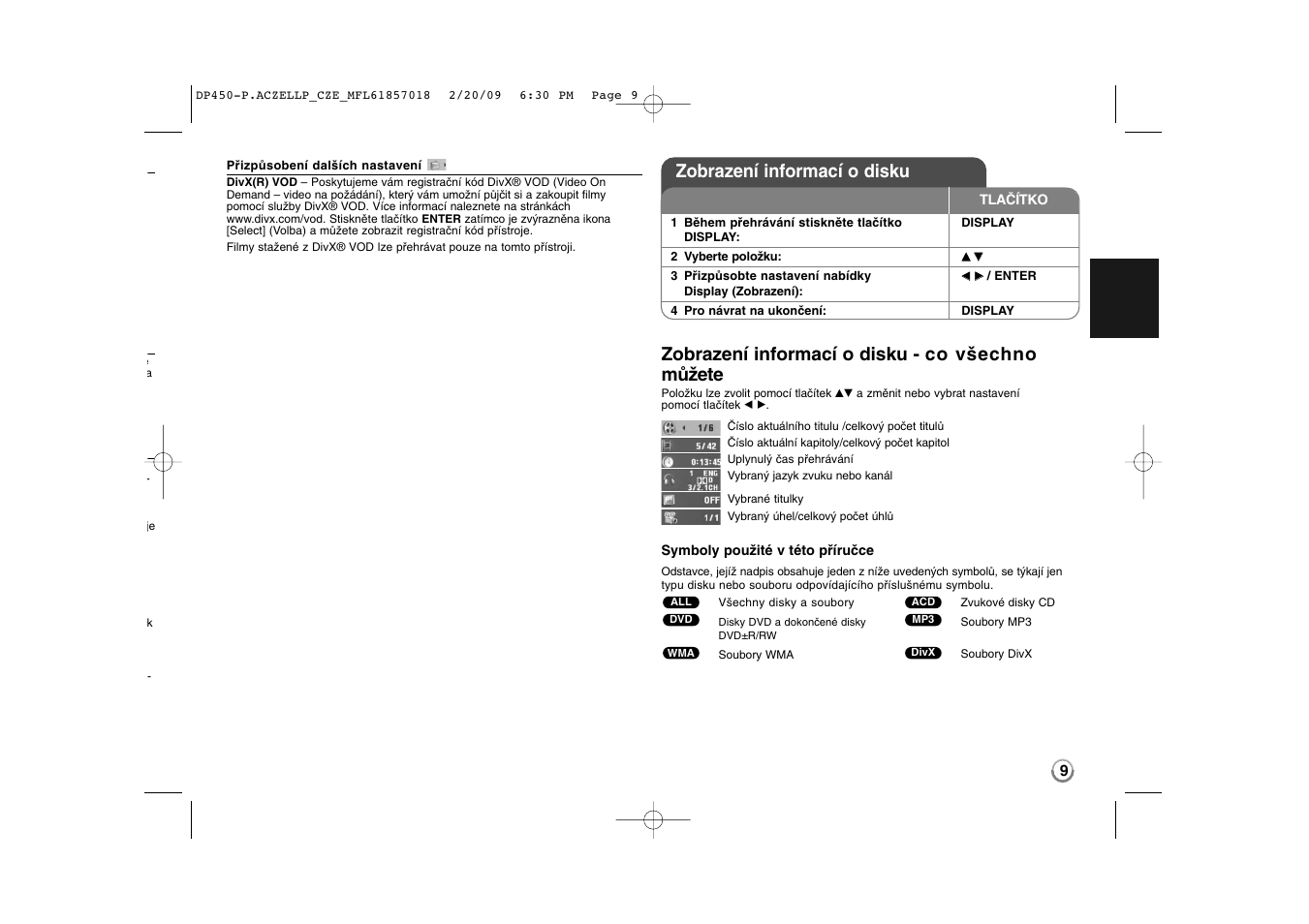 Zobrazení informací o disku - co všechno můžete, Zobrazení informací o disku | LG DP450P User Manual | Page 23 / 70