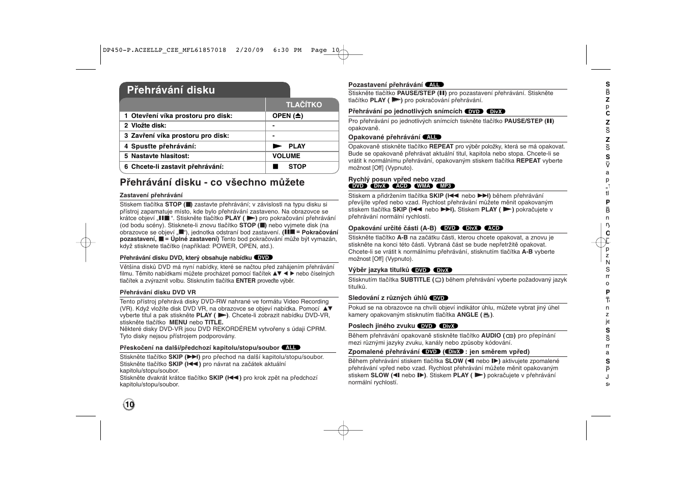 Přehrávání disku, Přehrávání disku - co všechno můžete | LG DP450P User Manual | Page 24 / 70