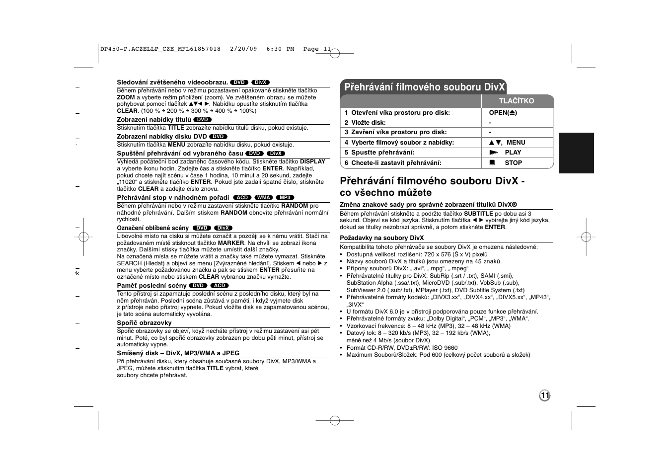 Přehrávání filmového souboru divx, Co všechno můžete | LG DP450P User Manual | Page 25 / 70