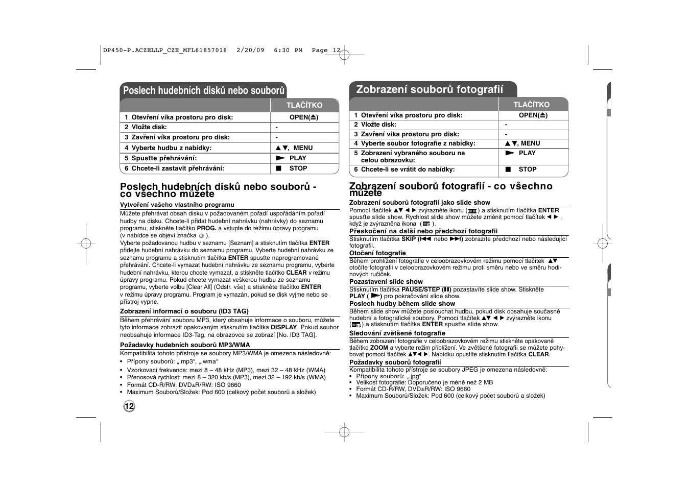 Poslech hudebních disků nebo souborů, Zobrazení souborů fotografií, Zobrazení souborů fotografií - co všechno můžete | LG DP450P User Manual | Page 26 / 70
