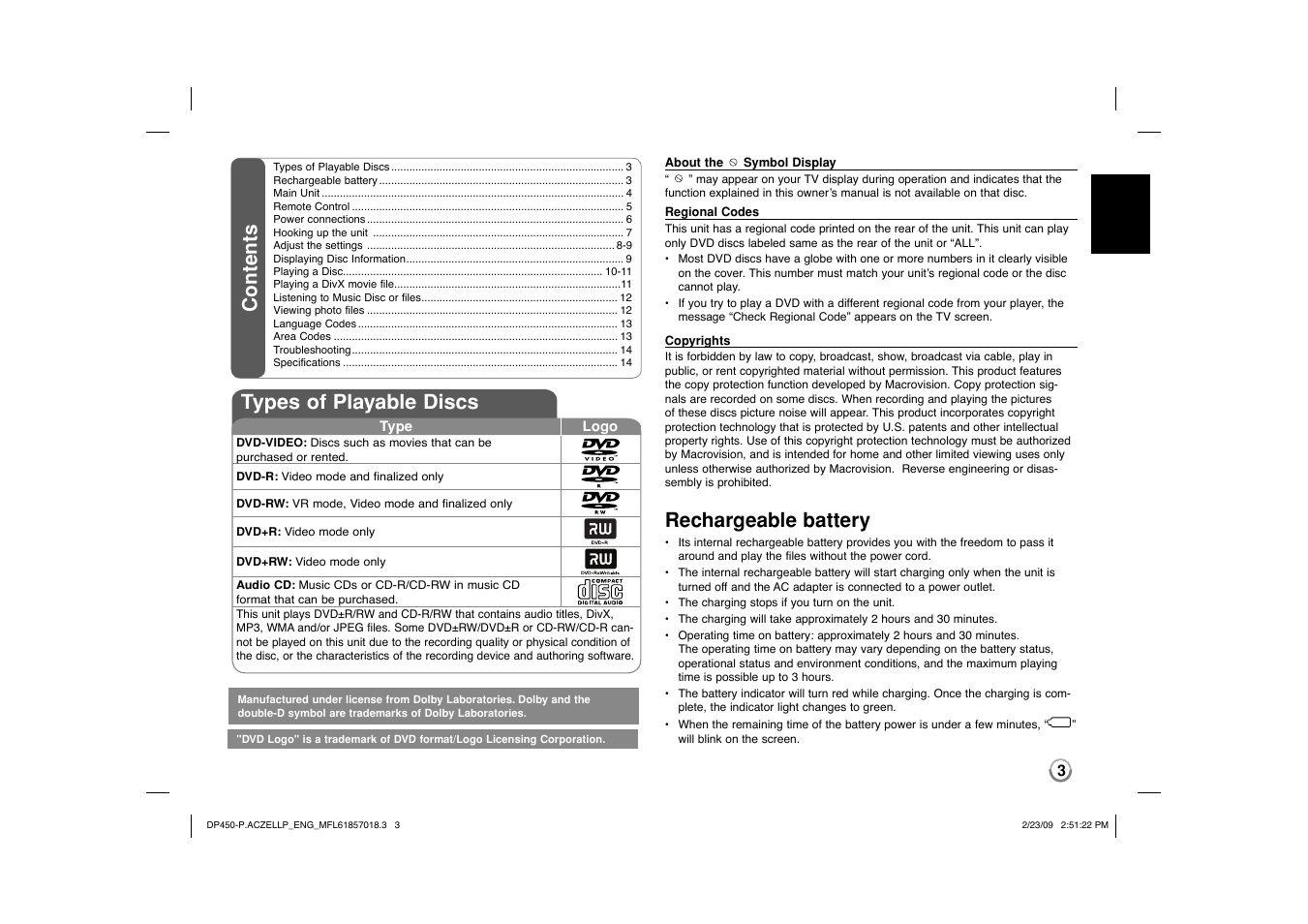 Contents types of playable discs, Rechargeable battery | LG DP450P User Manual | Page 3 / 70