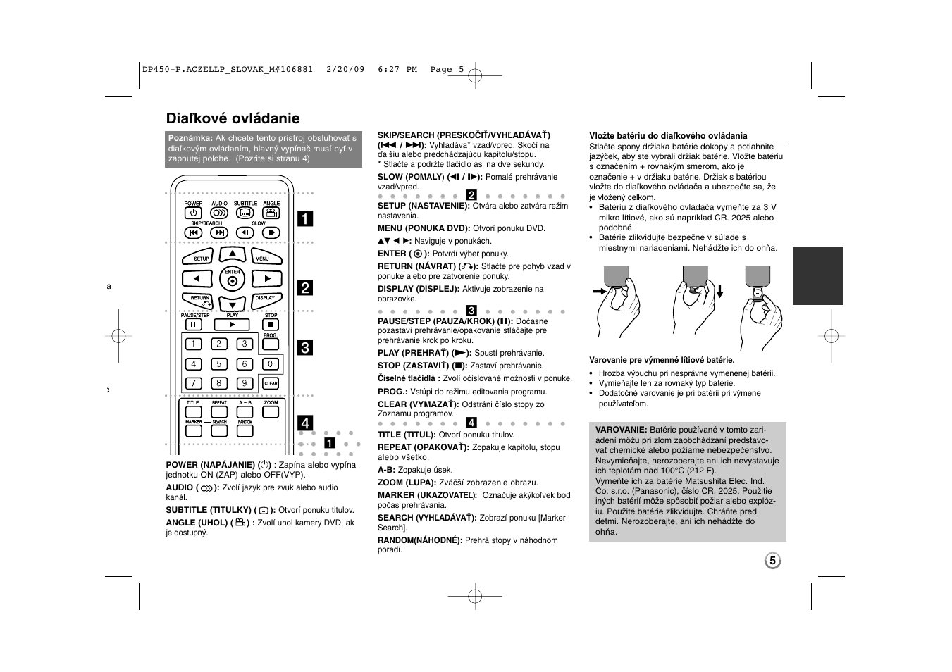 Diaľkové ovládanie, Ab c d | LG DP450P User Manual | Page 33 / 70