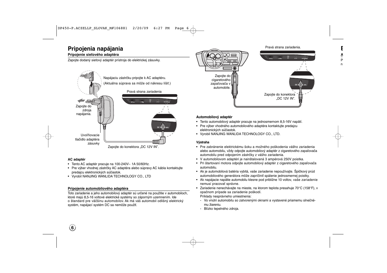 Pripojenia napájania | LG DP450P User Manual | Page 34 / 70