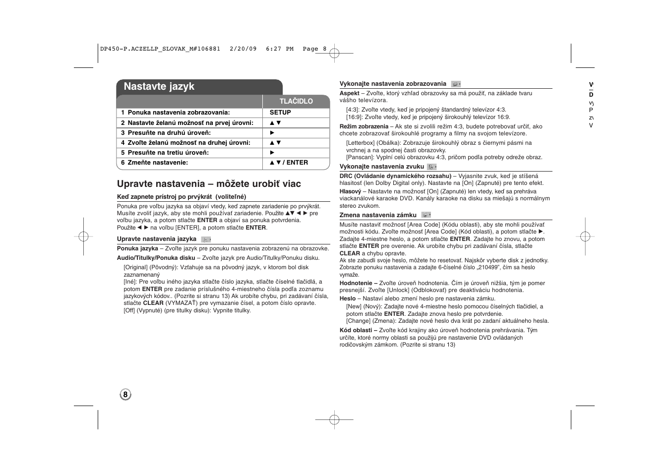 Nastavte jazyk, Upravte nastavenia – môžete urobiť viac | LG DP450P User Manual | Page 36 / 70