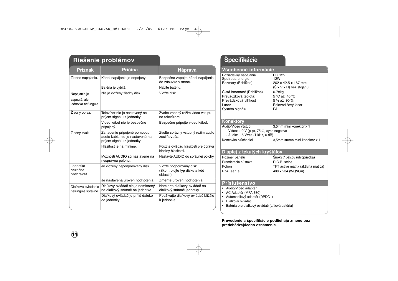 Špecifikácie riešenie problémov | LG DP450P User Manual | Page 42 / 70