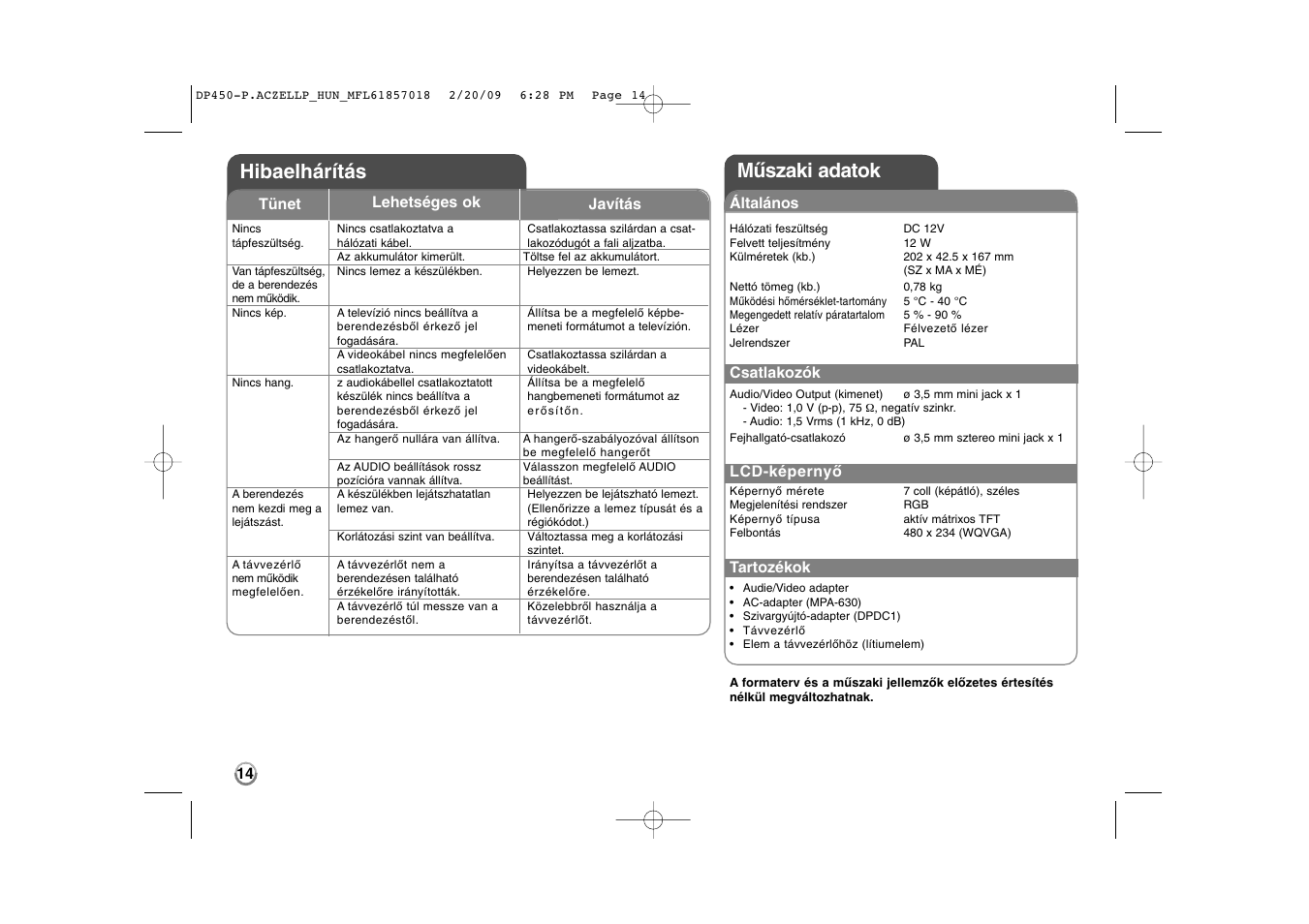 Műszaki adatok hibaelhárítás | LG DP450P User Manual | Page 56 / 70