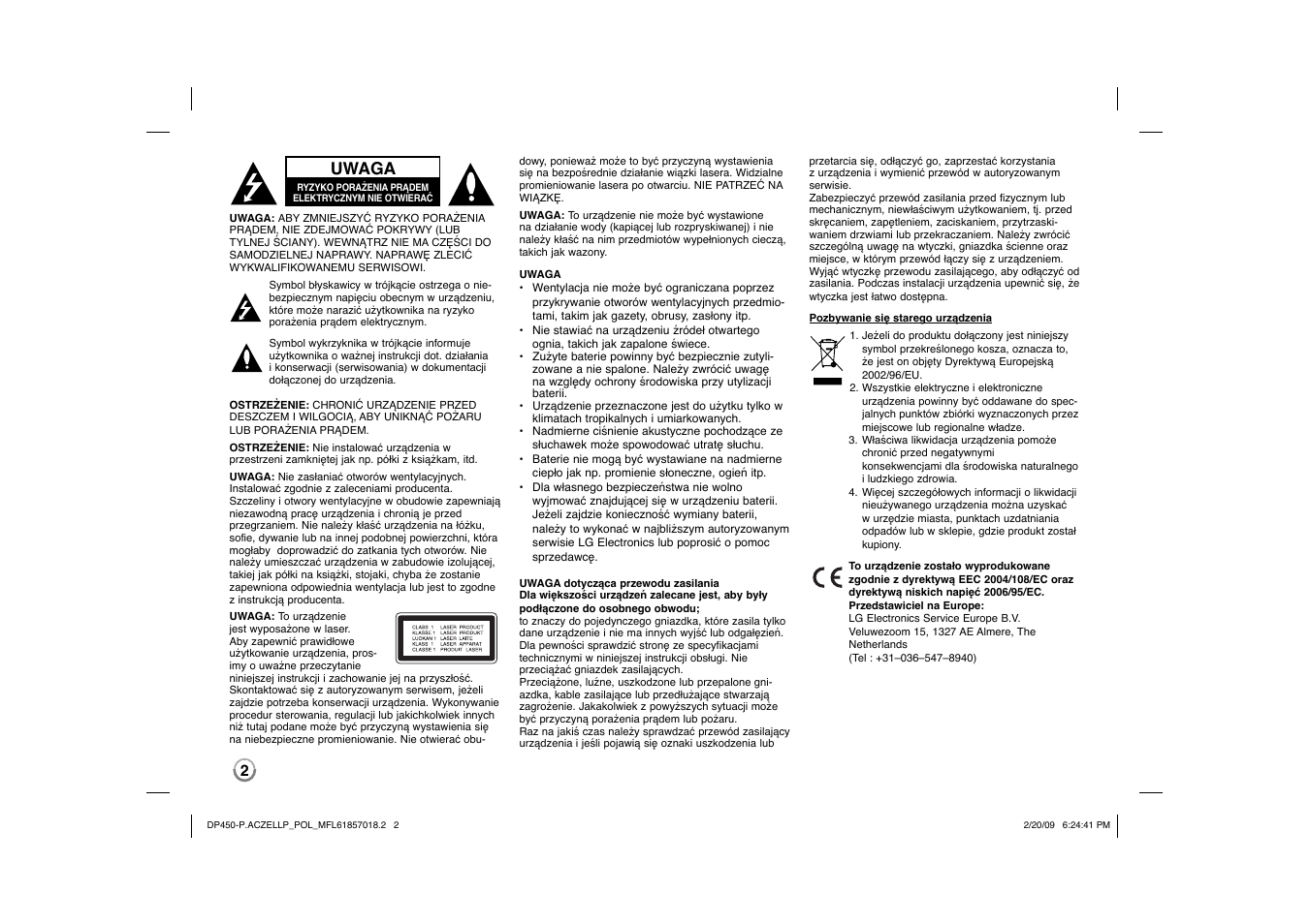 Uwaga | LG DP450P User Manual | Page 58 / 70