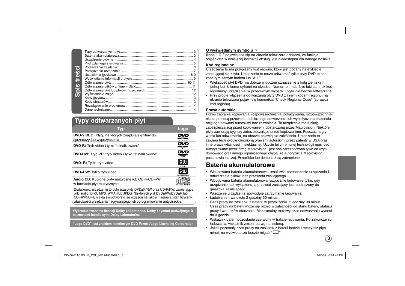 Spis tre ś ci typy odtwarzanych płyt, Bateria akumulatorowa | LG DP450P User Manual | Page 59 / 70