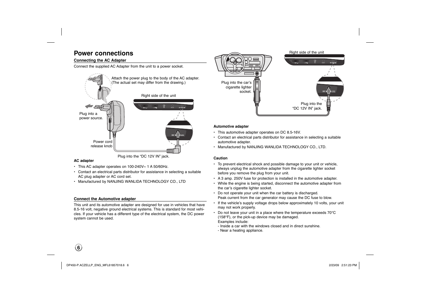 Power connections | LG DP450P User Manual | Page 6 / 70