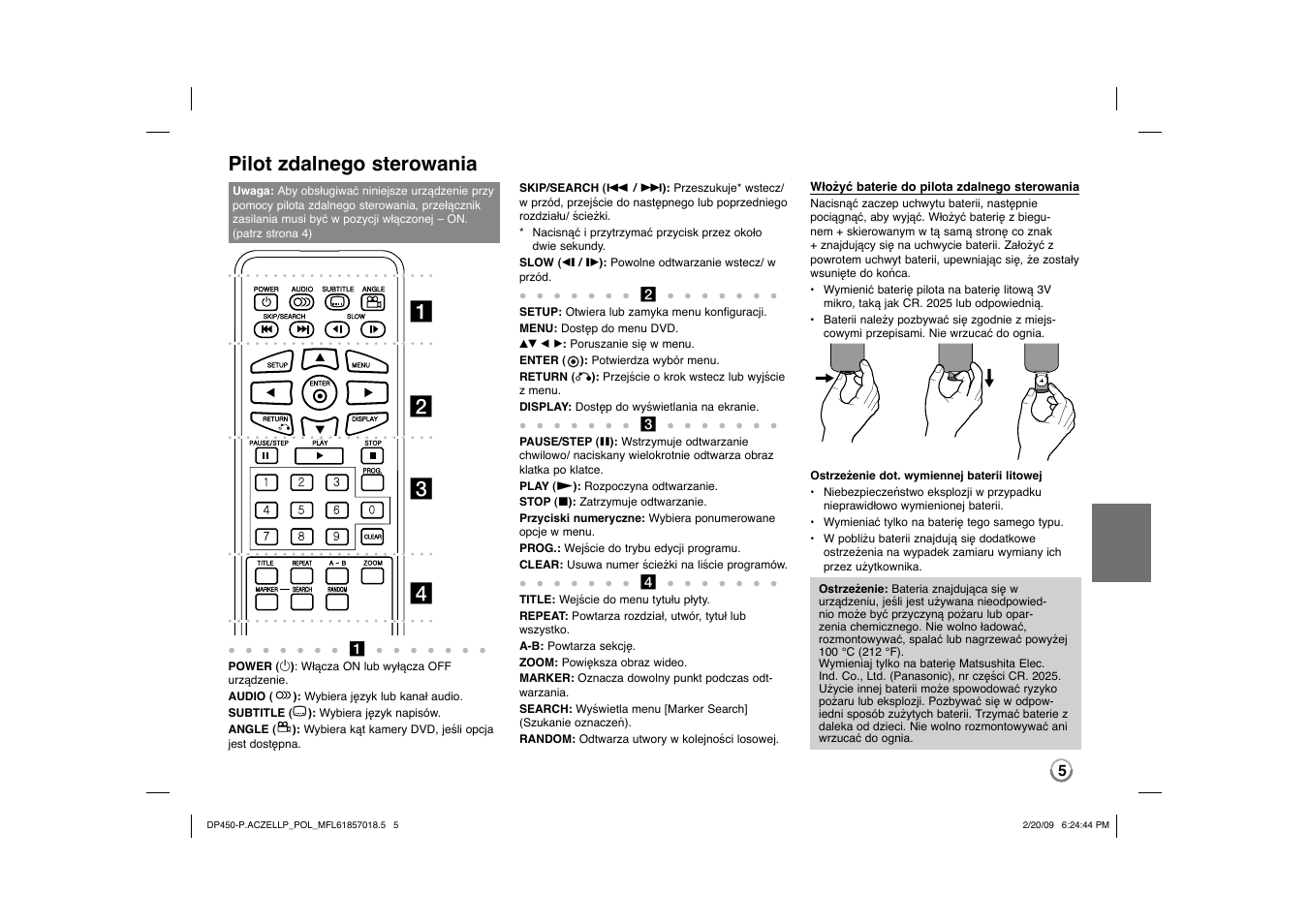 Ab c d, Pilot zdalnego sterowania | LG DP450P User Manual | Page 61 / 70