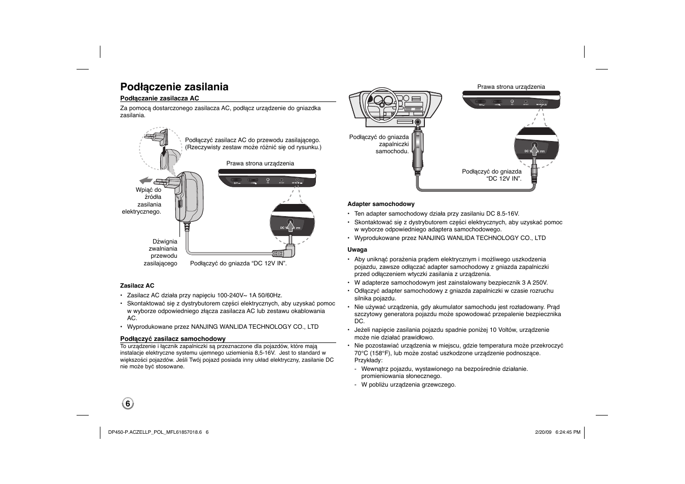 Podłączenie zasilania | LG DP450P User Manual | Page 62 / 70