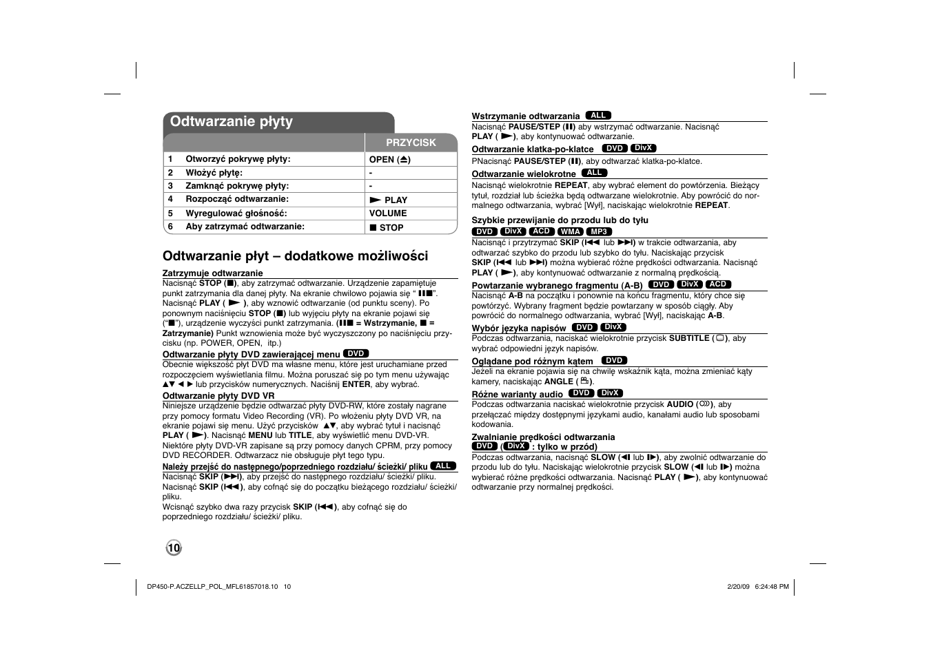 Odtwarzanie płyty, Odtwarzanie płyt – dodatkowe możliwości | LG DP450P User Manual | Page 66 / 70