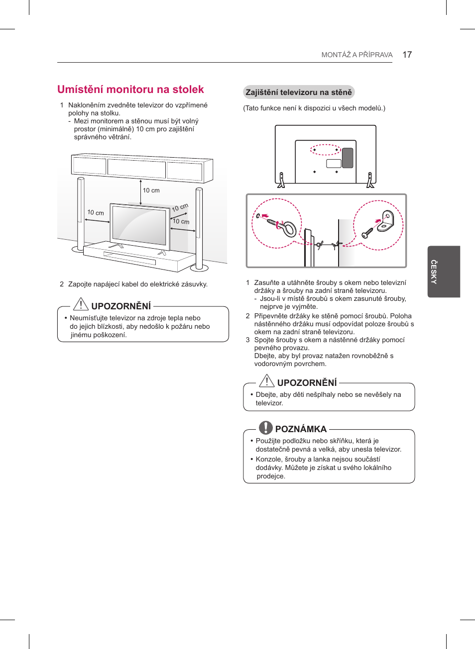 Umístění monitoru na stolek, Upozornění, Poznámka | LG 47LB561V User Manual | Page 125 / 480