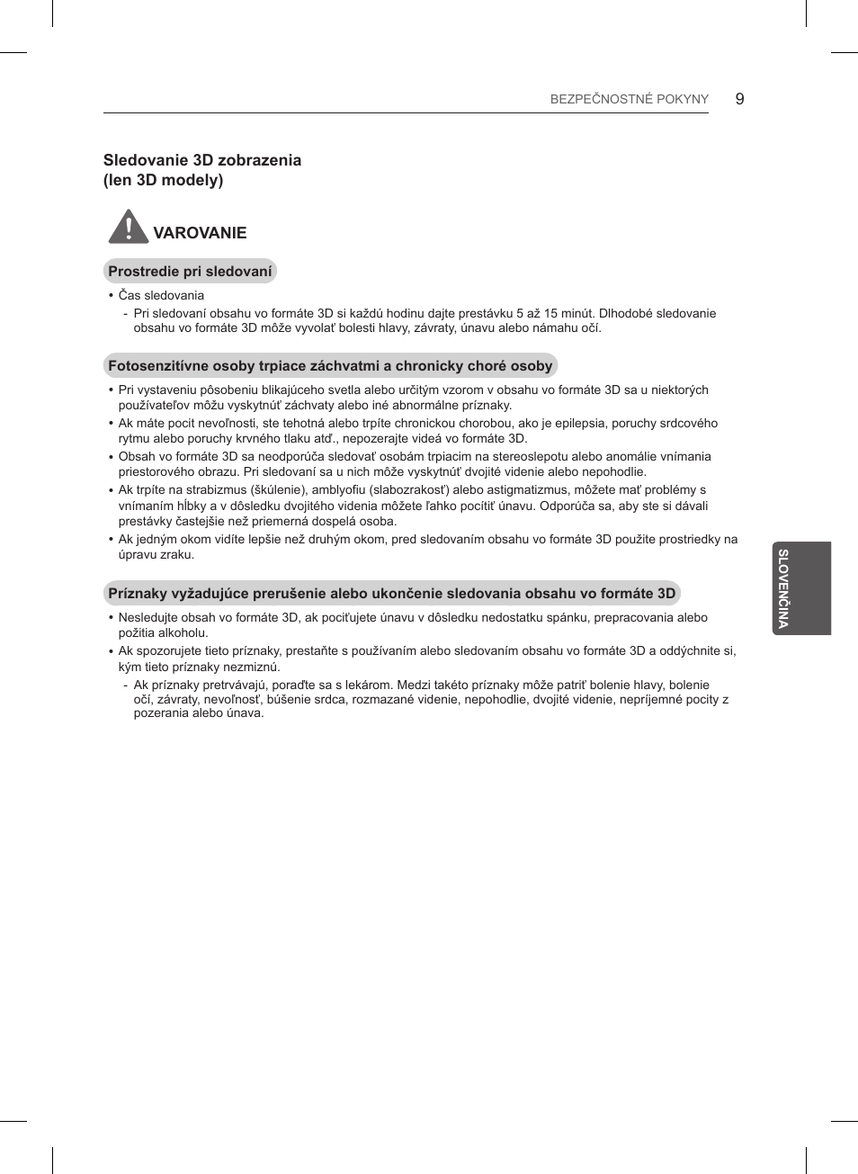 Sledovanie 3d zobrazenia (len 3d modely) varovanie | LG 47LB561V User Manual | Page 145 / 480