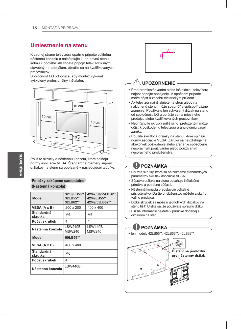 Umiestnenie na stenu, Upozornenie, Poznámka | LG 47LB561V User Manual | Page 154 / 480