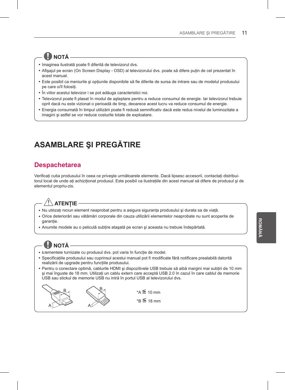 Asamblare şi pregătire, Despachetarea | LG 47LB561V User Manual | Page 175 / 480