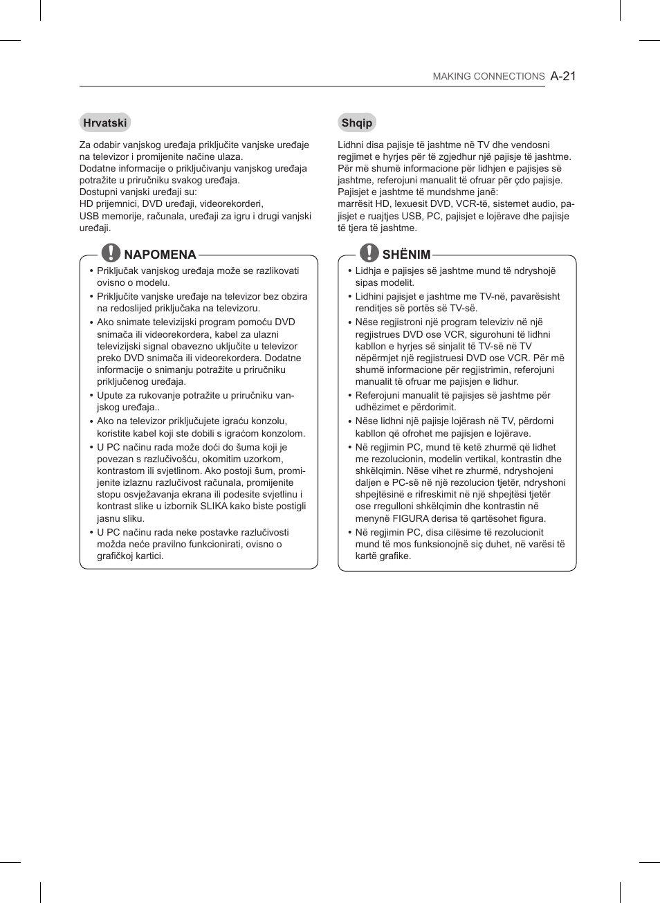 A-21, Napomena, Shënim | LG 47LB561V User Manual | Page 21 / 480