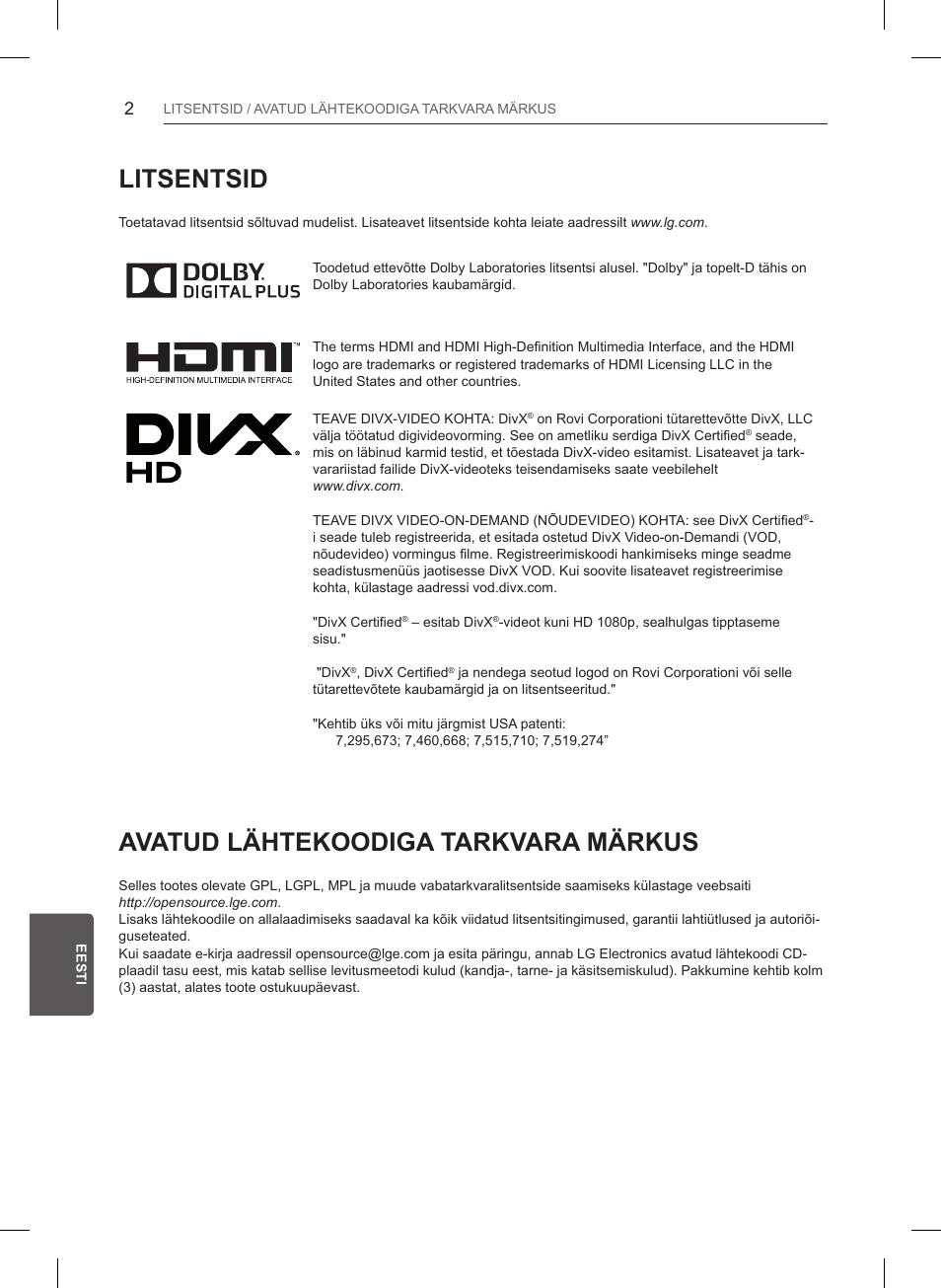 Litsentsid, Avatud lähtekoodiga tarkvara märkus | LG 47LB561V User Manual | Page 222 / 480