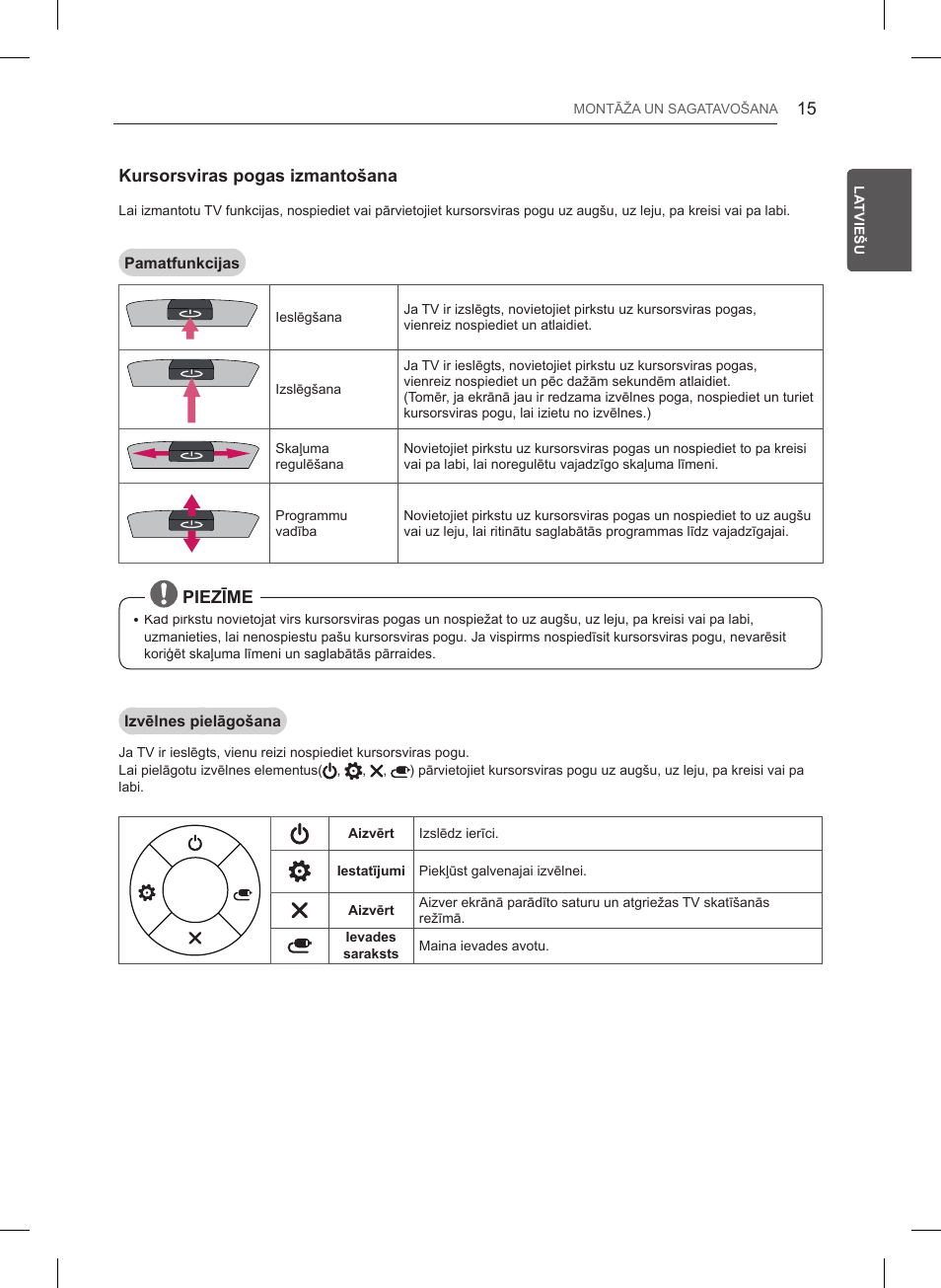 Kursorsviras pogas izmantošana, Piezīme | LG 47LB561V User Manual | Page 291 / 480