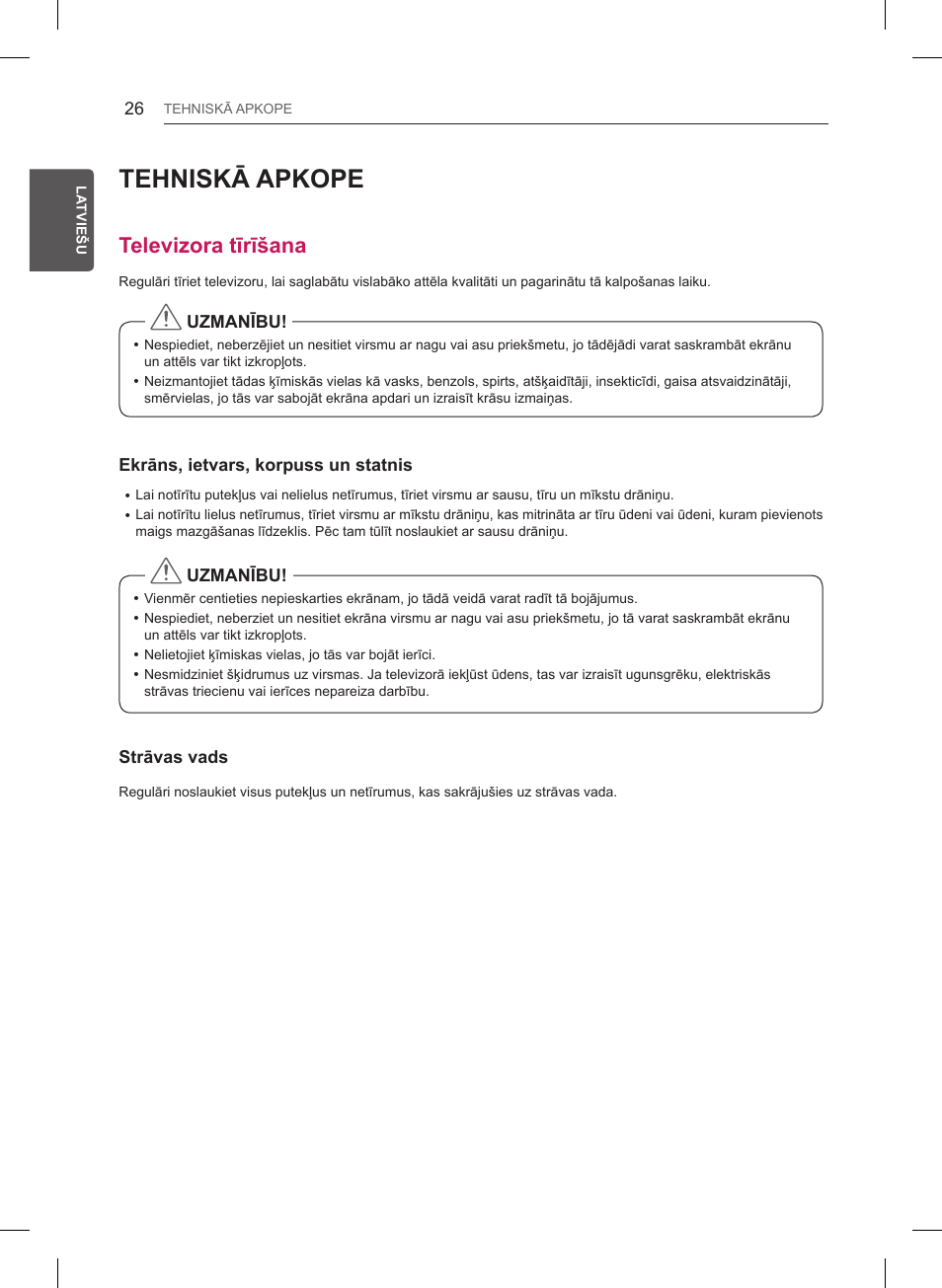 Tehniskā apkope, Televizora tīrīšana | LG 47LB561V User Manual | Page 302 / 480