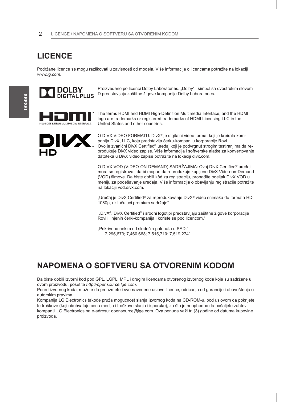 Licence, Napomena o softveru sa otvorenim kodom | LG 47LB561V User Manual | Page 306 / 480