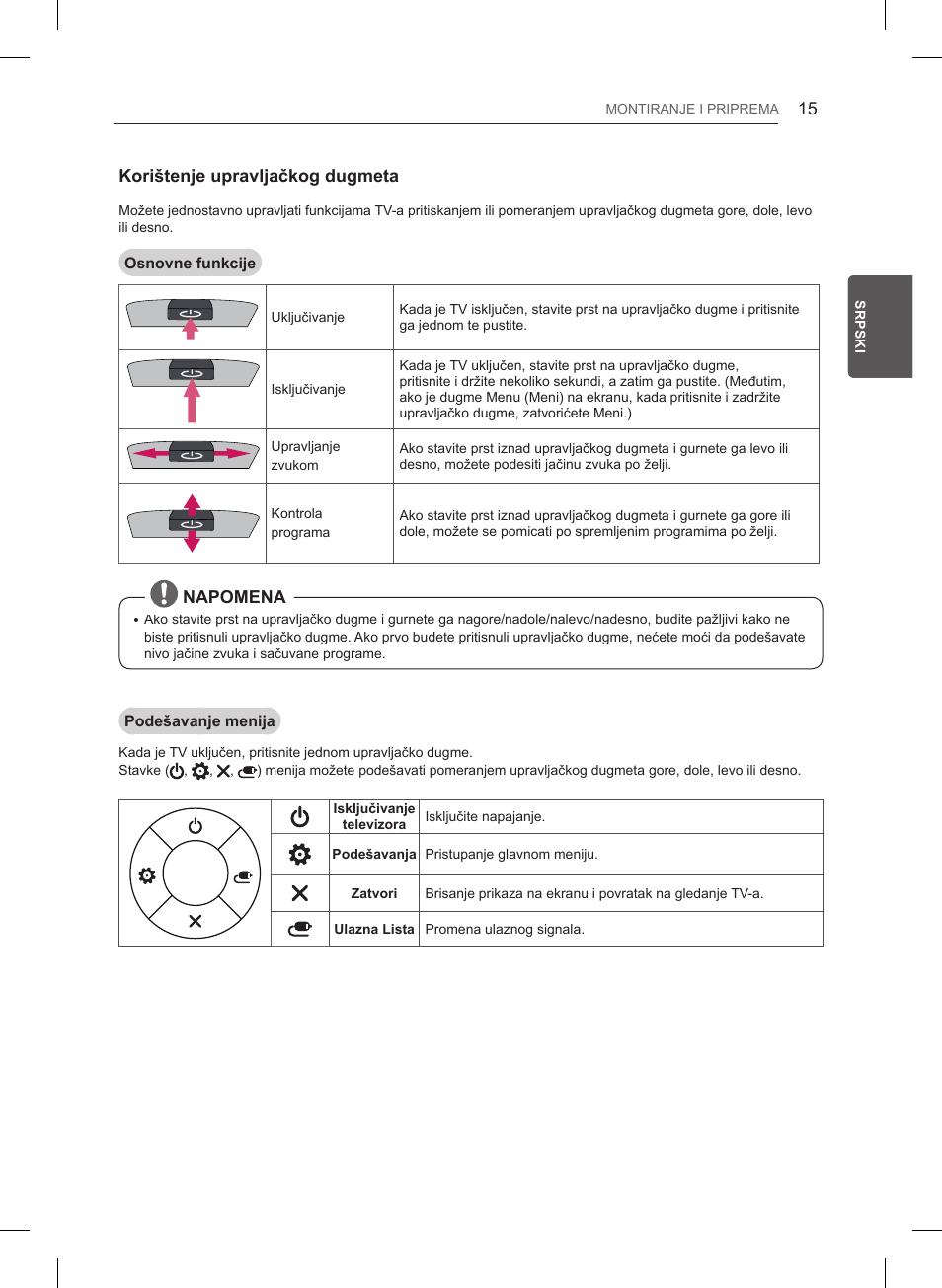 Korištenje upravljačkog dugmeta, Napomena | LG 47LB561V User Manual | Page 319 / 480