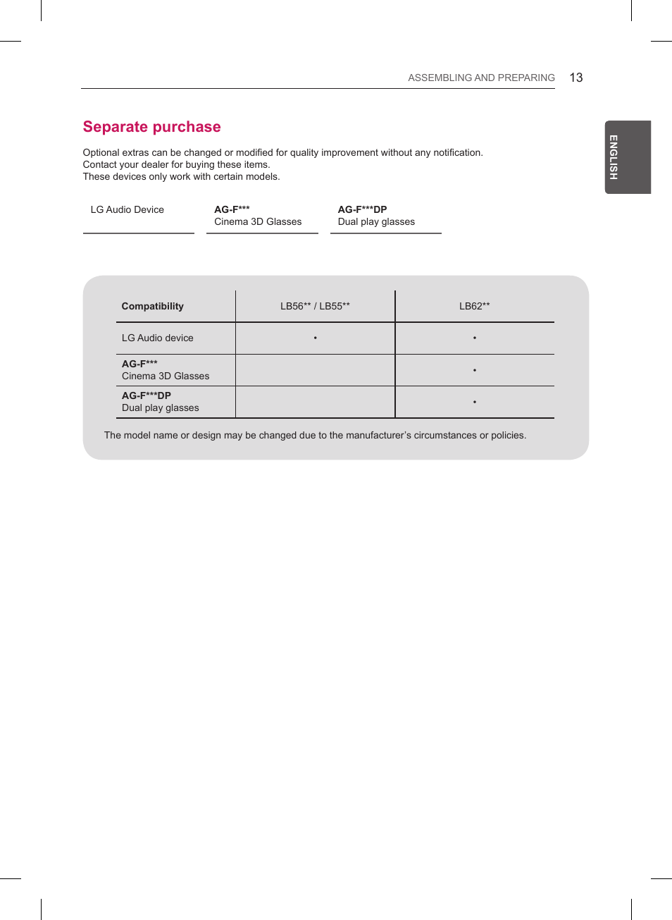 Separate purchase | LG 47LB561V User Manual | Page 37 / 480