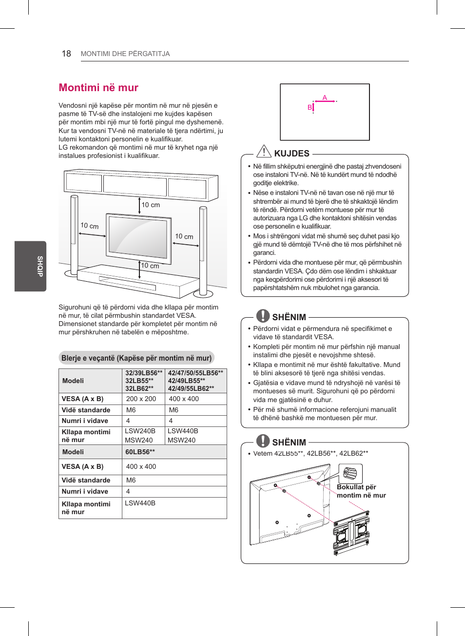 Montimi në mur, Kujdes, Shënim | LG 47LB561V User Manual | Page 378 / 480