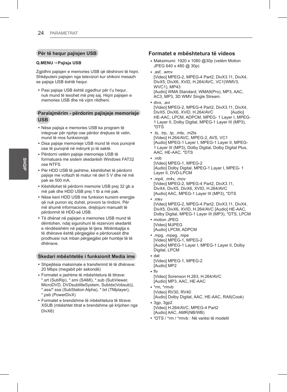 Formatet e mbështetura të videos | LG 47LB561V User Manual | Page 384 / 480