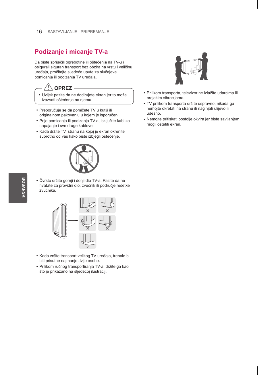 Podizanje i micanje tv-a, Oprez | LG 47LB561V User Manual | Page 404 / 480