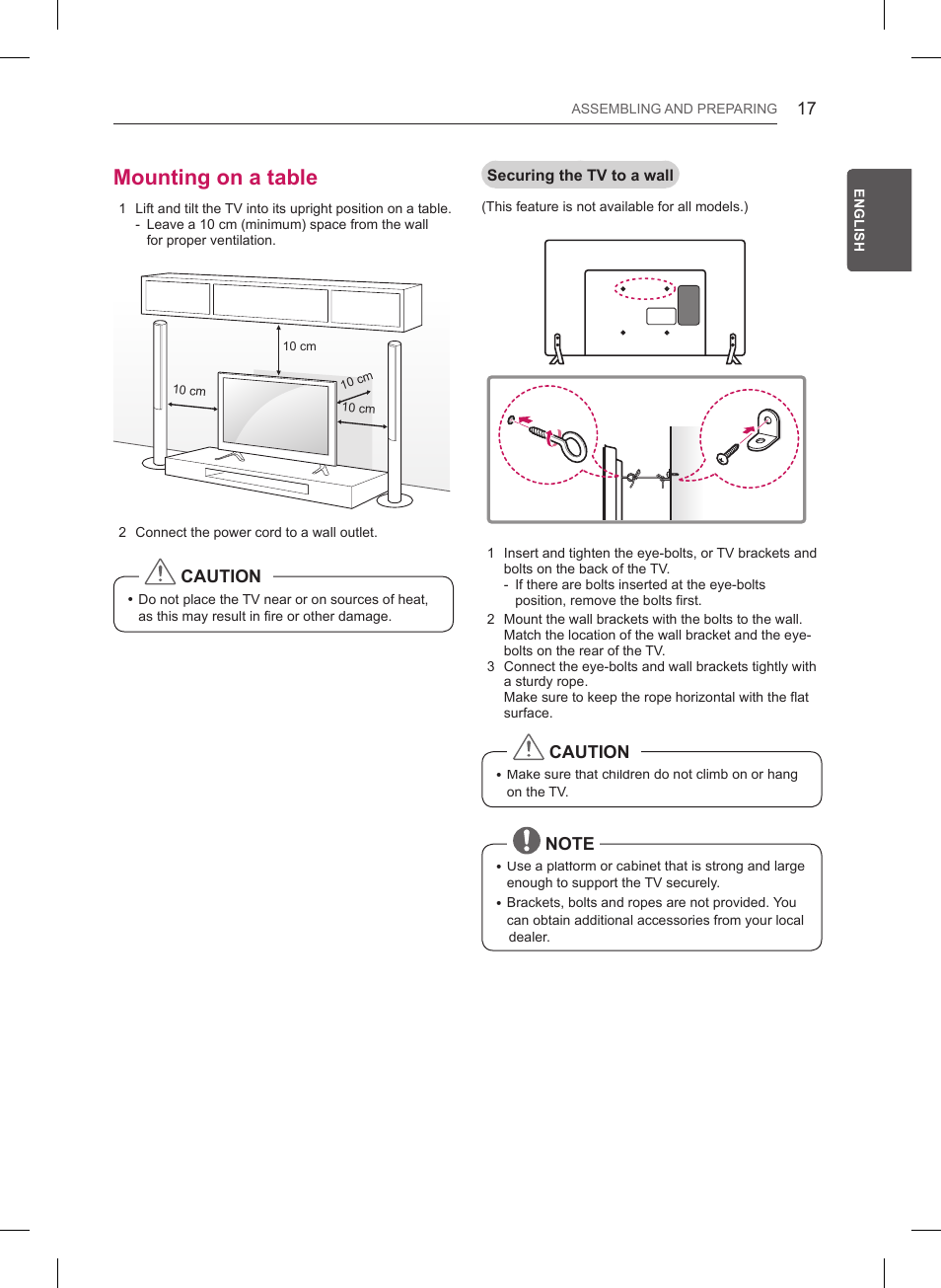 Mounting on a table, Caution | LG 47LB561V User Manual | Page 41 / 480