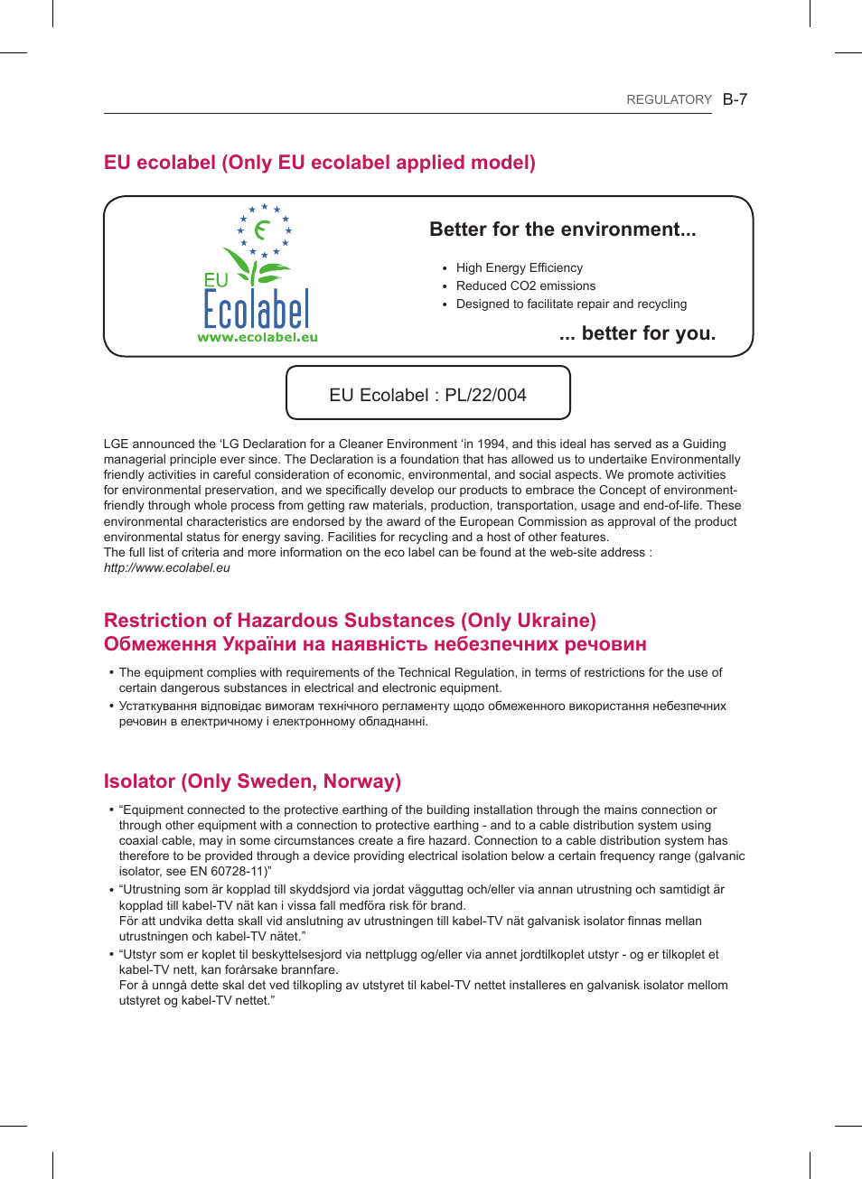 Eu ecolabel (only eu ecolabel applied model), Isolator (only sweden, norway), Better for the environment | Better for you | LG 47LB561V User Manual | Page 479 / 480