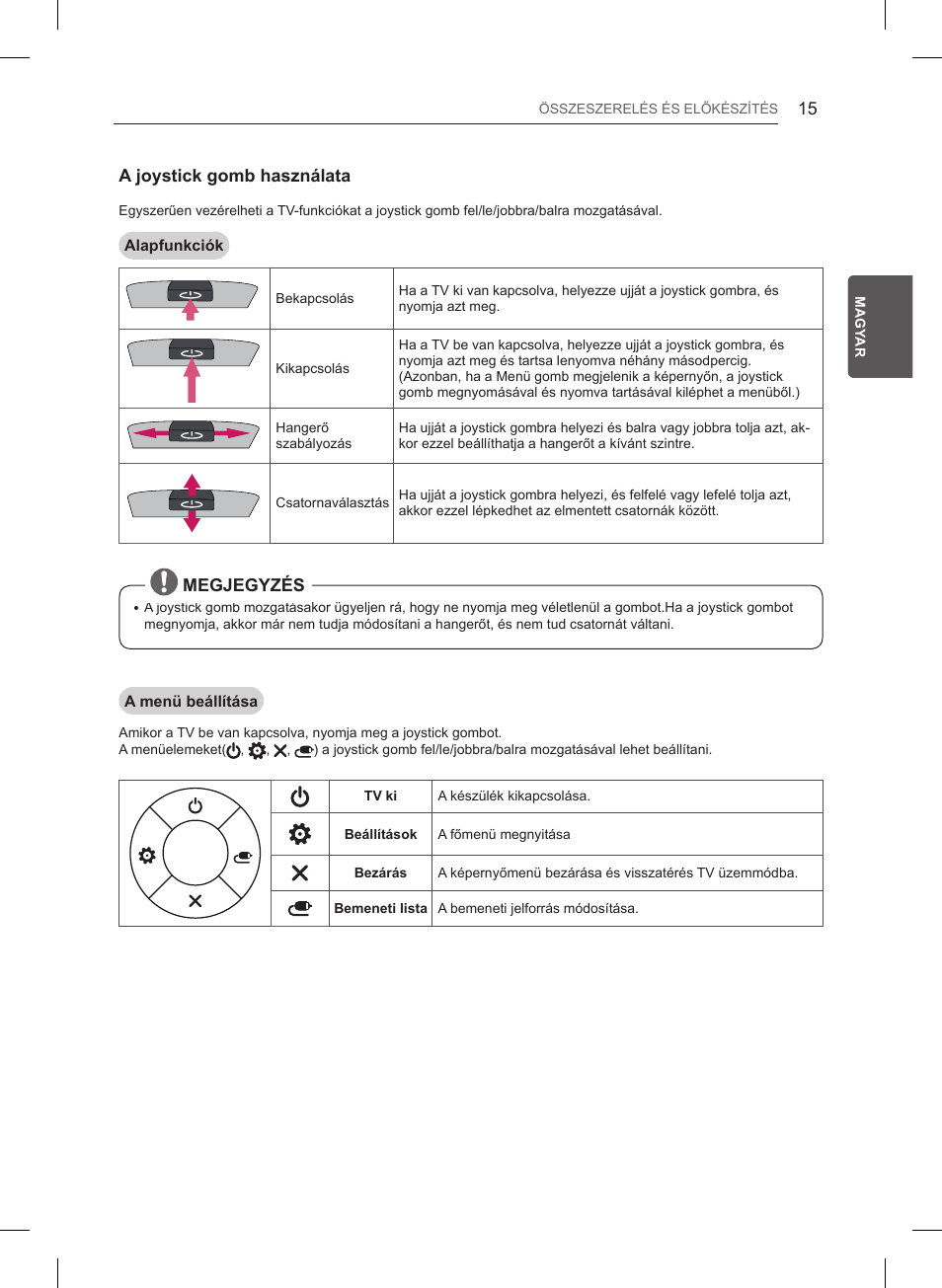 A joystick gomb használata, Megjegyzés | LG 47LB561V User Manual | Page 67 / 480