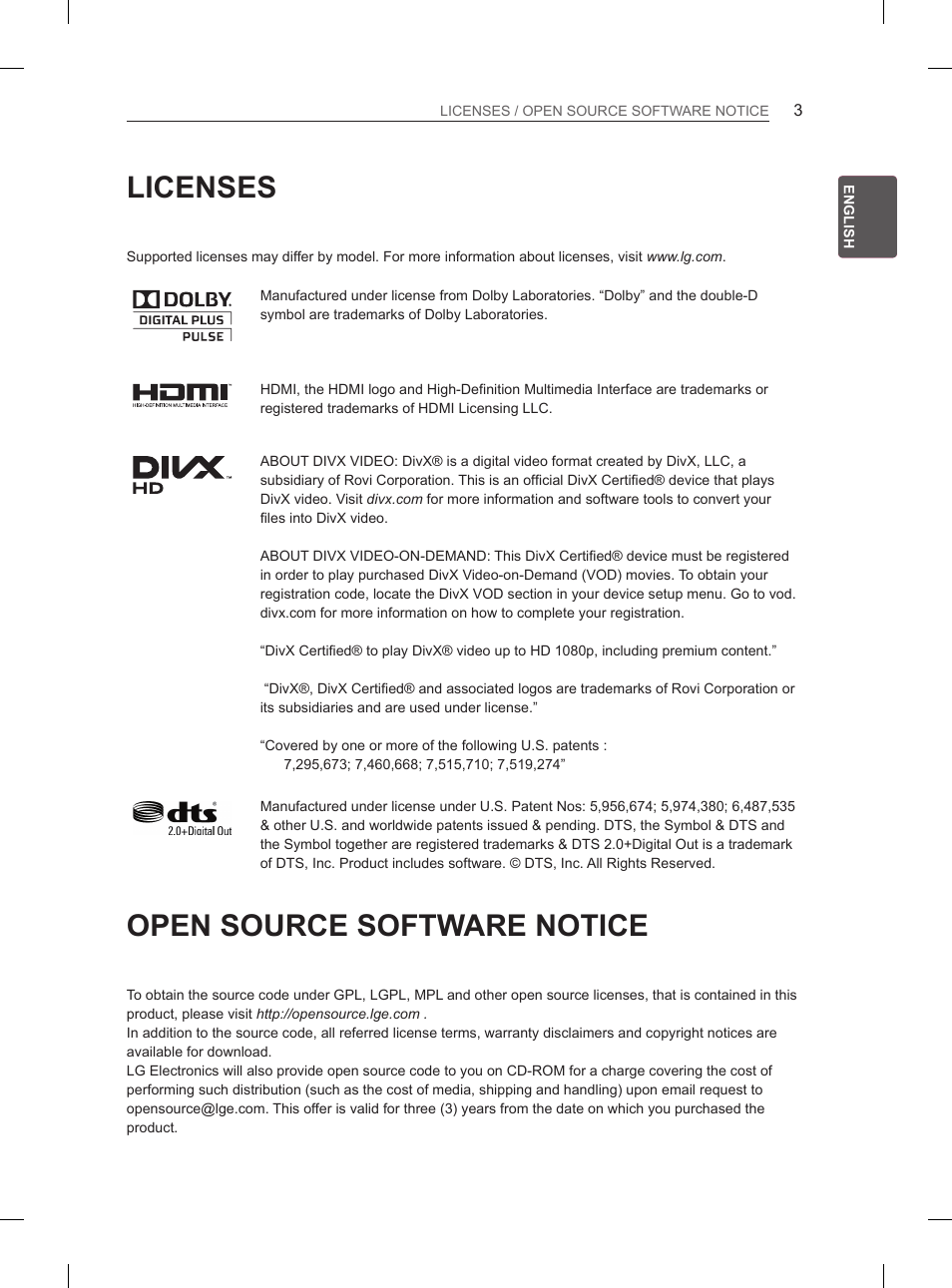 Licenses, Open source software notice | LG 50PM680S User Manual | Page 10 / 243