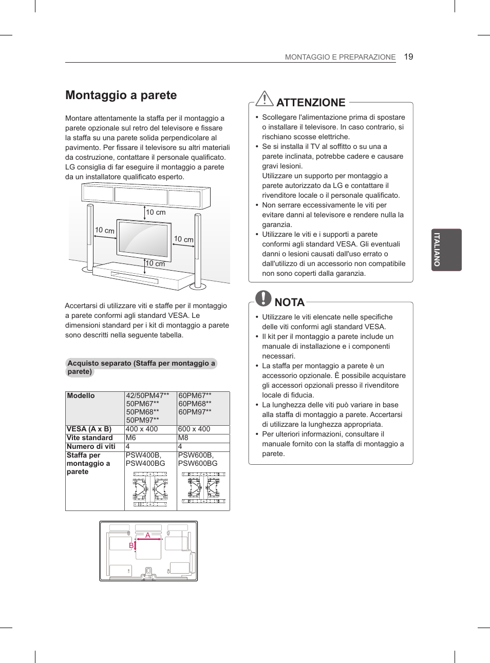 Montaggio a parete, Attenzione, Nota | LG 50PM680S User Manual | Page 104 / 243