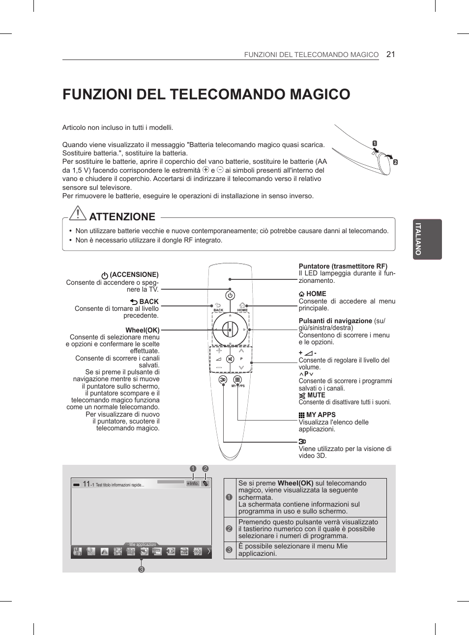 Funzioni del telecomando magico, Attenzione | LG 50PM680S User Manual | Page 106 / 243