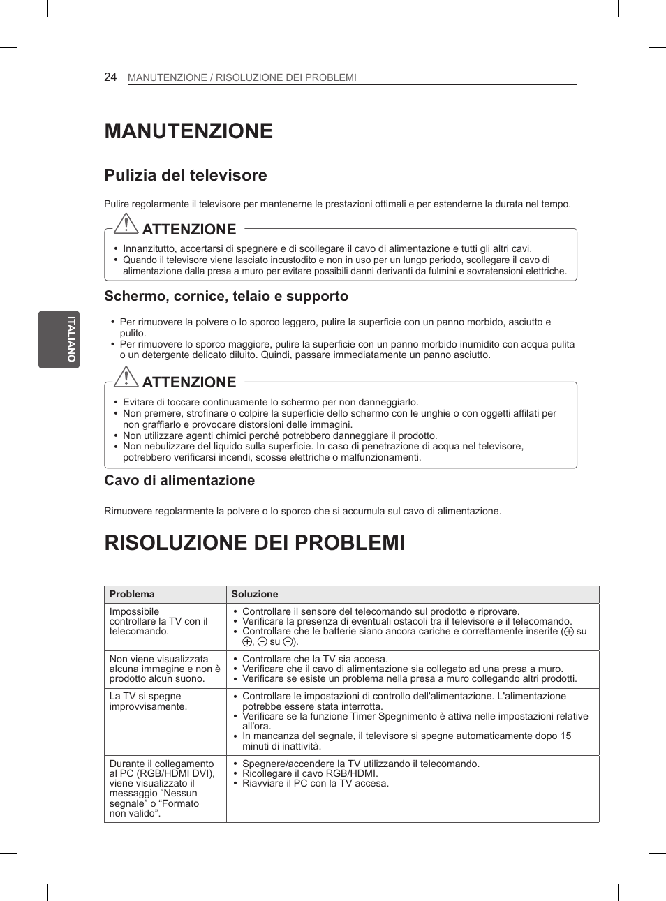 Manutenzione, Risoluzione dei problemi, Pulizia del televisore | Attenzione, Schermo, cornice, telaio e supporto, Cavo di alimentazione | LG 50PM680S User Manual | Page 109 / 243