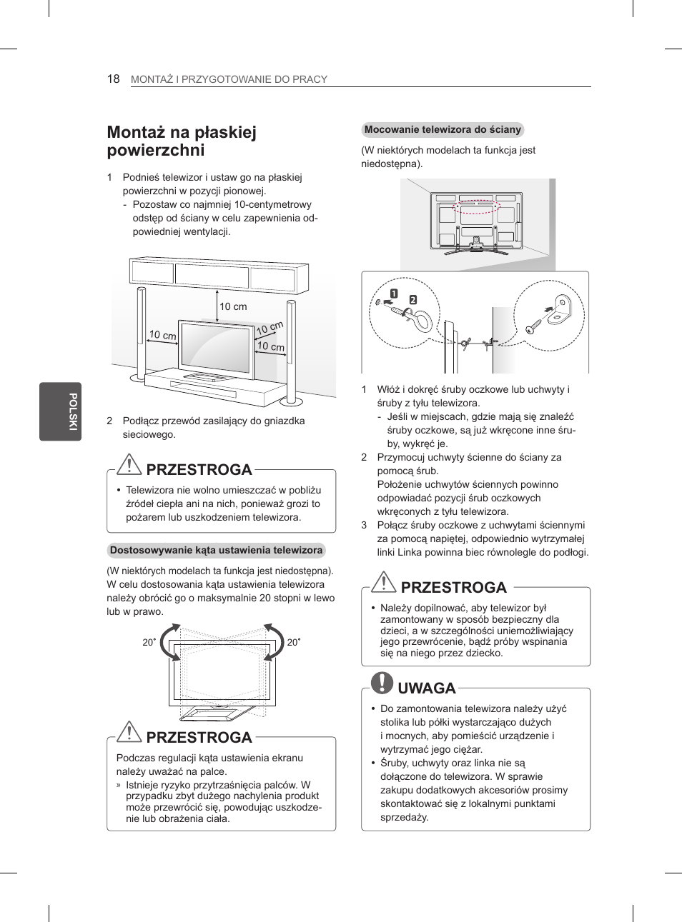 Montaż na płaskiej powierzchni, Przestroga, Uwaga | LG 50PM680S User Manual | Page 129 / 243