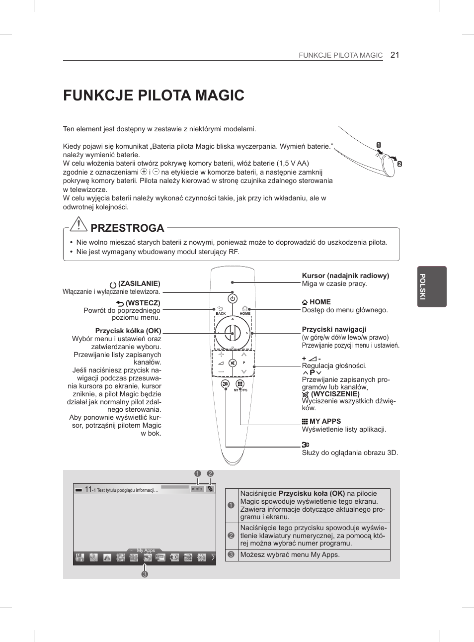 Funkcje pilota magic, Przestroga | LG 50PM680S User Manual | Page 132 / 243