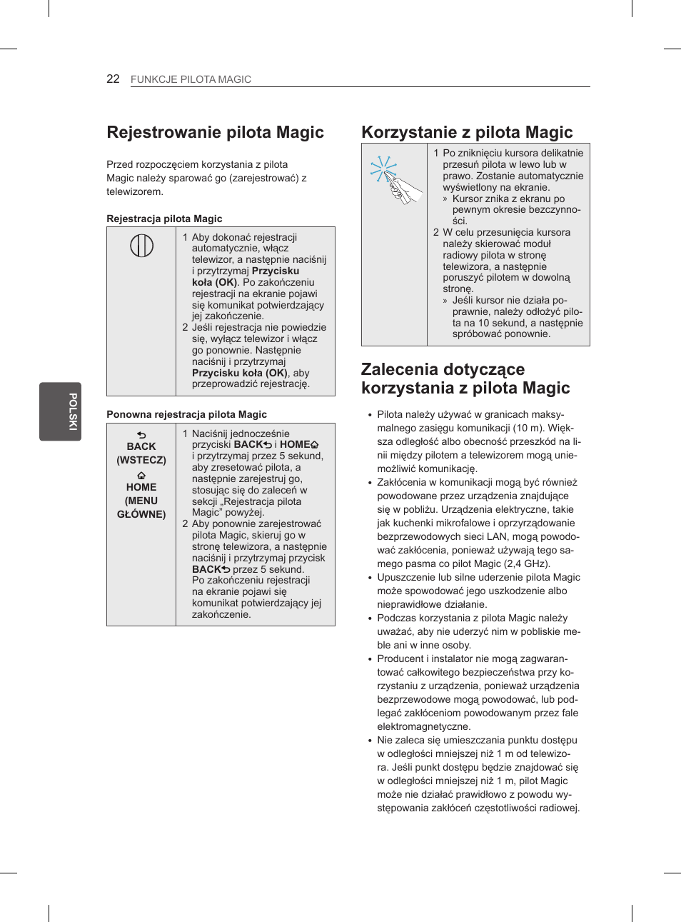 Rejestrowanie pilota magic, Korzystanie z pilota magic, Zalecenia dotyczące korzystania z pilota magic | LG 50PM680S User Manual | Page 133 / 243