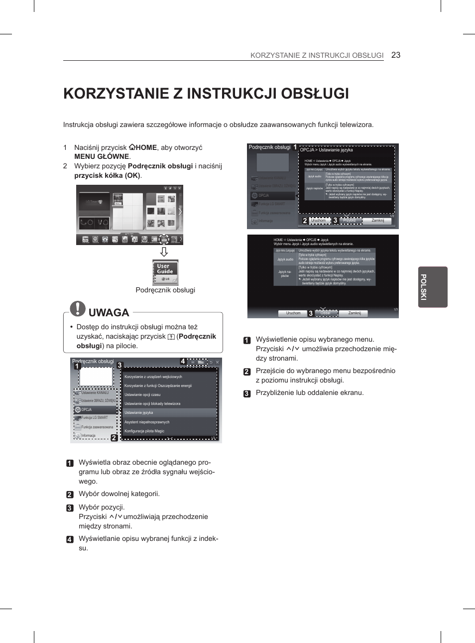 Korzystanie z instrukcji obsługi, Uwaga, Podręcznik obsługi | LG 50PM680S User Manual | Page 134 / 243