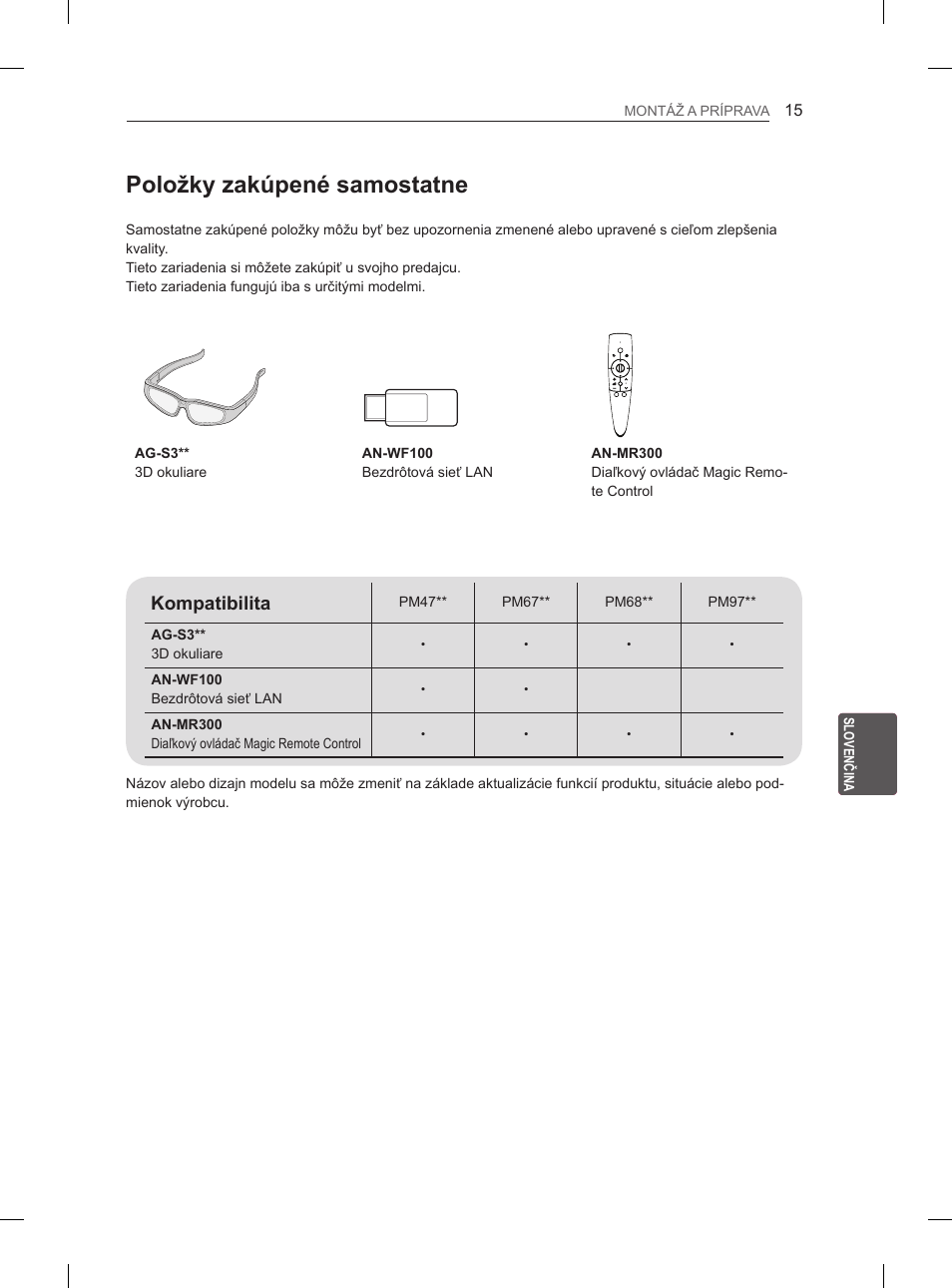 Položky zakúpené samostatne, Kompatibilita | LG 50PM680S User Manual | Page 178 / 243